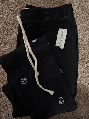 PacSun Black Jogger Pants with Cream Drawstring and Embroidered Accents